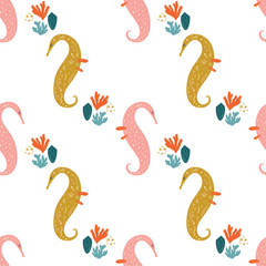 Cute cartoon seahorse flat vector, illustration doodle clip art seamless pattern