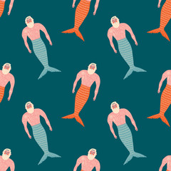 Merman flat art funny cartoon doodle seamless pattern, vector © Knstart Studio