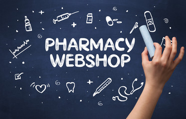 Hand drawing PHARMACY WEBSHOP inscription with white chalk on blackboard, medical concept