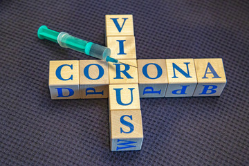 Wooden cubes with word Coronavirus in blue letters