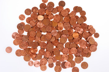 Heap of one, two and five euro cent coins