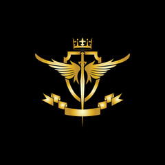 Heraldic Composition with crown, swords, wings, shield and ribbon.