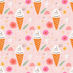 Icecream doodle pink color seamless pattern flat vector design
