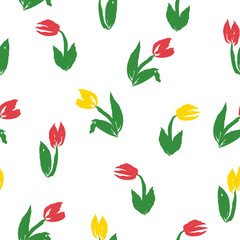 Seamless pattern with yellow and pink tulips. Vector graphics.