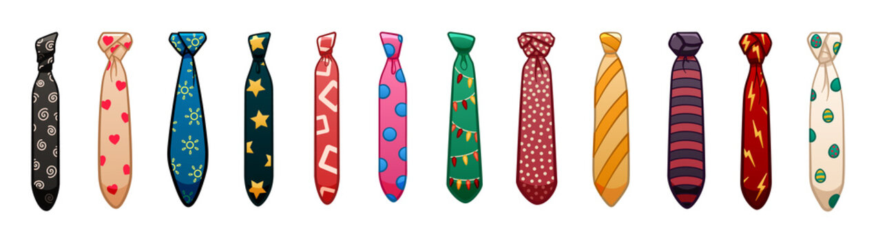 Twelve neckties of different colors and patterns set on white background