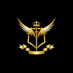 Obraz premium Heraldic Composition with crown, swords, wings, shield and ribbon.