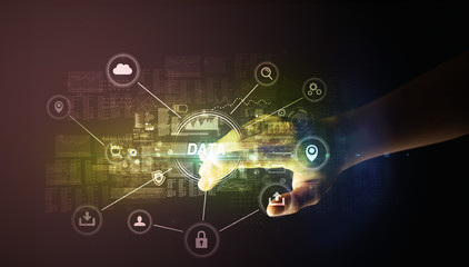 Hand touching DATA inscription, Cybersecurity concept