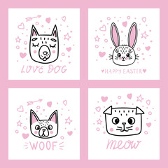 Cute stickers set with cats, dogs, rabbits heads. Doodle illustration with lettering