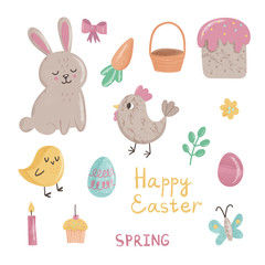 Set of cute Easter cartoon characters and design elements. Easter bunny, butterfly, pie, chicken, chick, egg and carrot, lettering. Vector illustration on white.