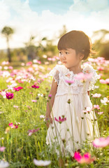 Obraz na płótnie Canvas cute asian children girl in nature flowers field