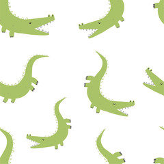 Vector hand-drawn seamless repeating color childish pattern with cute green crocodiles in Scandinavian style on a white background. Seamless pattern with crocodiles. Cute baby animals.
