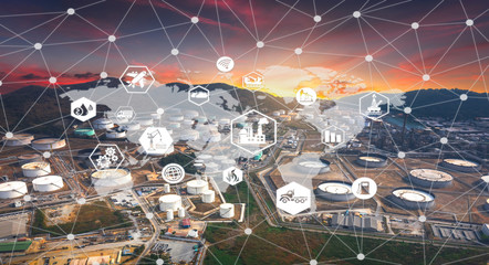 Double exposure of oil refinery industry zone and icon connecting networking for information and...