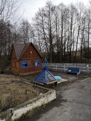 wooden font in winter forest