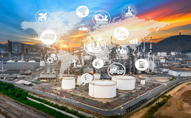 Double exposure of oil refinery industry zone and icon connecting networking for information and using modern  technology, Industrail 4.0 concept.