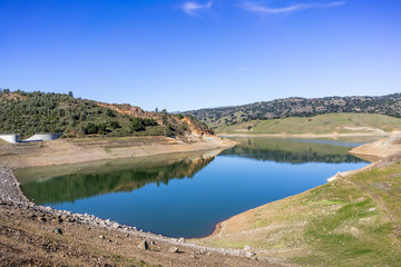 High angle view of Anderson Reservoir, a man made lake in Morgan Hill, managed by the Santa Clara...