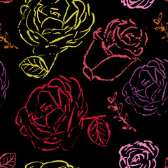Abstract grunge rose background. Vector illustrated crayon drawing. Seamless Pattern.