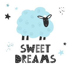 Vector color hand-drawn children’s illustration, print, card with a cute blue sheep, stars and lettering sweet dreams in Scandinavian style on a white background. Cute baby animals.
