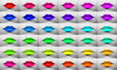 A collection of female lips with lipstick of different colors and shades macro close-up on the background of the face in black and white color.