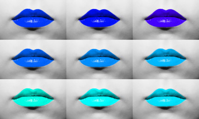 Macro collection of female lips with lipstick in different shades from dark blue to bright blue...