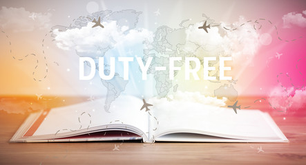 Open book with DUTY-FREE inscription, vacation concept