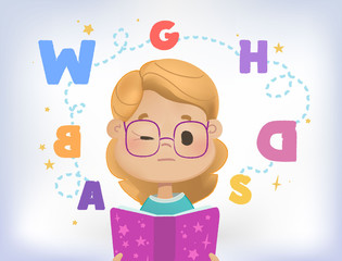 Dyslexia failing to read. Confused girl with eye problem and cloud of scattered letters above his head and book. Learning disability concept. Flat vector illustration. Isolated on white background.