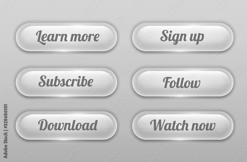 Wall mural transparent rounded shiny glass button collection. ui element.