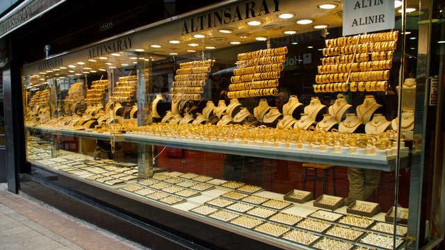 ERZURUM, TURKEY - 02 MARCH, 2020 :  Erzurum jewelers bazaar. Also known as stone  stores. The rise in gold prices has reduced interest in sellers.