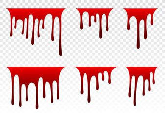 Dripping Paint Set. Dripping blood. Dripping liquid. Paint flows. Current paint, stains. Current blood. Current inks. Vector illustration. Color easy to edit. Transparent background.