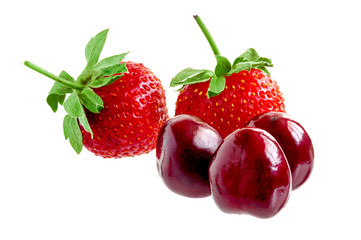 Strawberry berries with cherries on a white background.