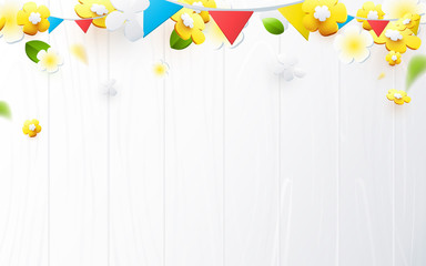 Composition of 3D spring season background. Colorful flower with white soft wood surface, carnival garland. Vector illustration