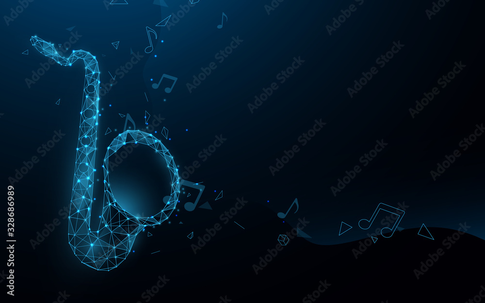 Poster jazz music festival banner poster. saxophone with notes form lines, triangles and particle style des