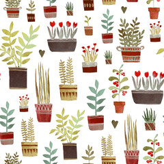 Seamless pattern flowers in pots. Hand watercolor illustration. Design for wallpaper, fabric, textile, websites, shops, labels.