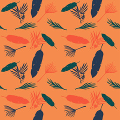 Funky Tropical Vector Seamless Pattern. Fine Summer Fabrics. Feather Banana Leaves Dandelion Monstera 