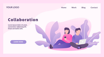 Obraz premium collaboration worker couple man and woman for website template or landing homepage