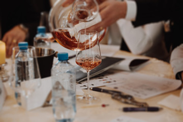White and rose wine close up view. Drop wine carafe.
