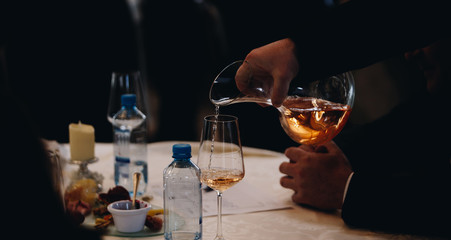 White and rose wine close up view. Drop wine carafe.