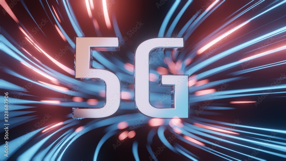 Poster 3d rendering of chrome text 5g in optical glass wire cable with light reflection. for next generatio