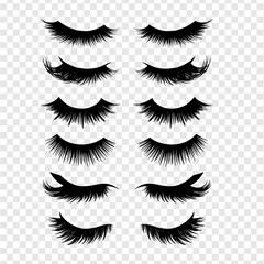 Fototapeta na wymiar Long black lashes vector set. Different types Beautiful Eyelashes