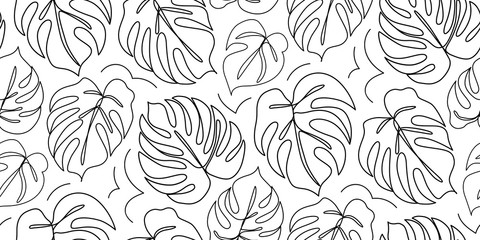 Continuous line monstera leaf. Tropical leaves contour drawing © yana2607