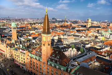 Fototapeta na wymiar Aerial view of Copenhagen from the top of tower of Copenhagen City Hall. Copenhagen, Denmark. February 2020