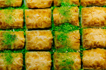 Pistachio Baklava, oriental pastry in bazaar at Istanbul, Turkey