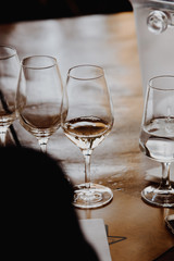 White and rose wine tasting close up view. Drop wine carafe.