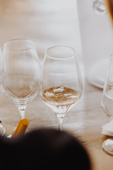 White and rose wine tasting close up view. Drop wine carafe.
