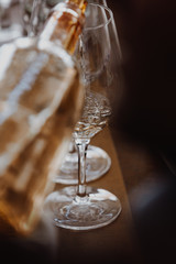 White and rose wine tasting close up view. Drop wine carafe.