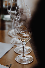 White and rose wine tasting close up view. Drop wine carafe.