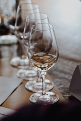 White and rose wine tasting close up view. Drop wine carafe.