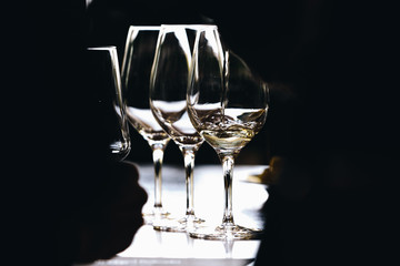 White and rose wine tasting close up view. Drop wine carafe.