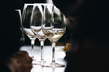 White and rose wine tasting close up view. Drop wine carafe.
