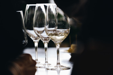 White and rose wine tasting close up view. Drop wine carafe.