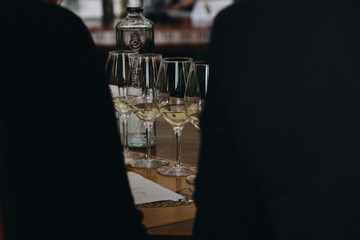 White and rose wine tasting close up view. Drop wine carafe.